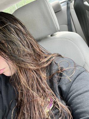 This is what it looked like when I got in the car, still wet and looked okay. Why no blow dry? Oh.. wait .. I know