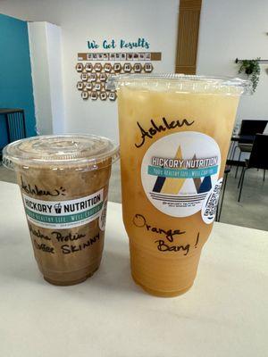 Skinny Iced Protein Coffee & our Orange Bang SpecialTEA. Our protein coffee tastes like a coffeehouse treat w/15g protein and only 1g sugar