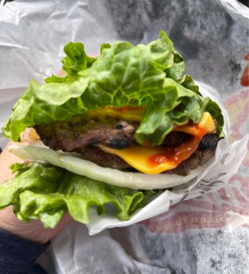 Lettuce wrapped burger. Delicious