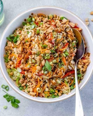 Thai Peanut Chicken Salad is full of crispy cabbage, veggies, and a great dressing to round it all out.