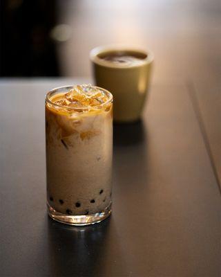 Black Sesame Latte topped with espresso