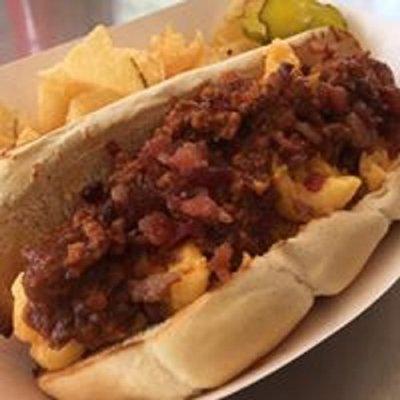 The Sloppy Mac Dog, pictured here with Bacon Sloppy Joe Sauce.  Yum!