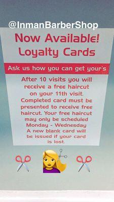 Free rewards program!!! Only @InmanBarberShop ‍‍‍‍‍‍