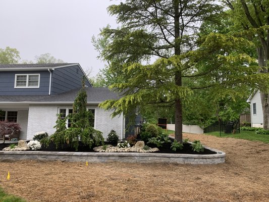 Created a retaining wall and installed the following: trees , shrubs, mulch and boulders and decorative stone.