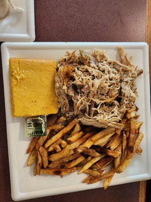 Pulled pork, fries, cornbread