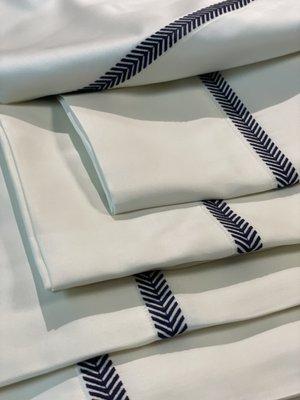 Kearsley Alexandria Giza 87 Sateen Pillowcases with Midnight Herringbone embroidery.  Finest extra-long staple Egyptian cotton in the world.