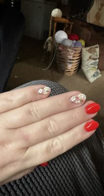 Red acrylics with strawberries and daisy's