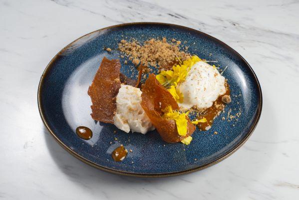 Dehydrated Burrata Crisp - salted caramel ricotta - olive oil gelato - hazelnut crumble