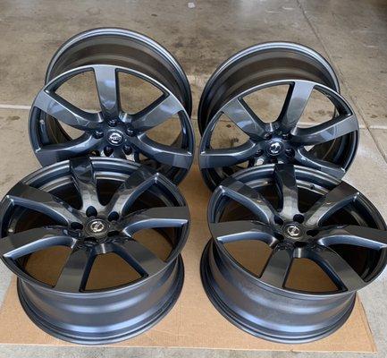 Nissan GTR wheels in Prismatic Evo Grey with clear coat done by Patrick at Diamond Powder Coating.