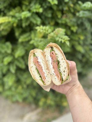 Salmon sandwich with creamy white sauce capers arugula and tomatoes