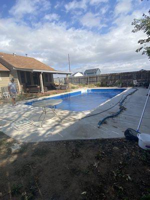 New vermiculite base, liner replacement, and new concrete decking. 
Concrete Pools Inc.