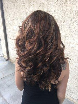 This beauty started off a dark, red brown and wanted Carmel highlights!