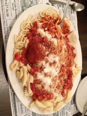 Mixed pasta platter. Spaghetti, meatball, cavatappi, lasagna, meat and cheese ravioli