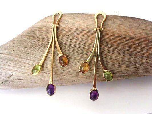 14K Gold Dangle Drop Movement Earrings of Amethyst, Citrine and Peridot