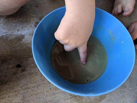 Experimenting with vegetable-based paints!  We had so much fun mixing, splashing, and pouring.