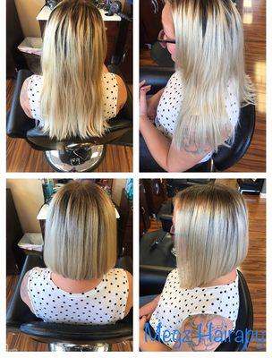 Transformation from long and drawn to a short sassy angled bob