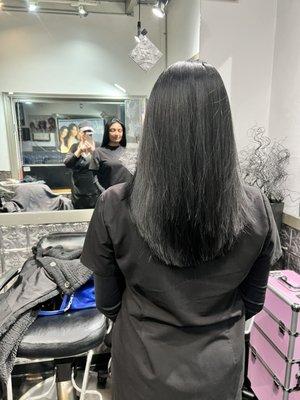 Layered Hair cut, hair dyed roots, in the color natural black (not jet black... there's a difference)!