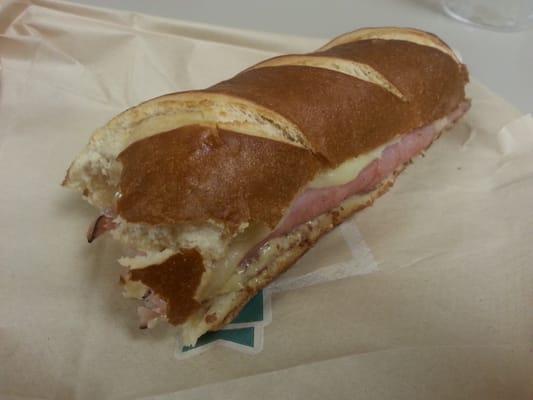 Roasted Black Forest ham, Austrian Gruyere cheese and dijon mustard on a pretzel roll.