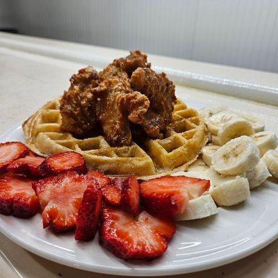 Chicken & Belgian Waffle w/ fruit