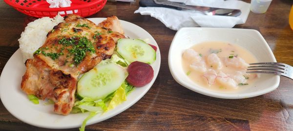 Lunch Pecial- grilled chicken over rice and salad with a side of ceviche