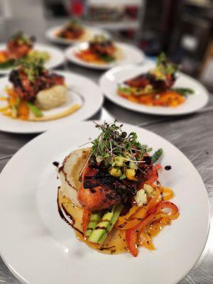 Airline Chicken Breast with Mashed Potatoes, Seasonal Vegetables and Mango Chutney.