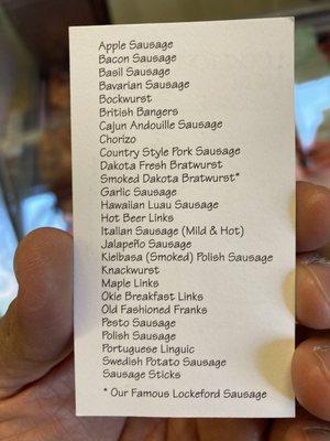 This is a list of all the sausages they have.