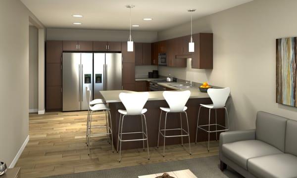 Each spacious kitchen offers two refrigerators and ample cabinet space.