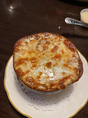 French onion soup - piping hot like it should be (many places don't serve it very hot) and tasty!