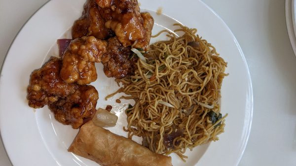 Lunch of Sweet and Sour Chicken, Veggie Lo Mein, and Veggie Egg Roll!