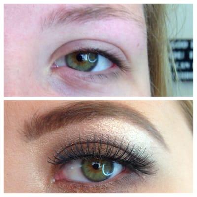 Before and after of lashes and makeup.