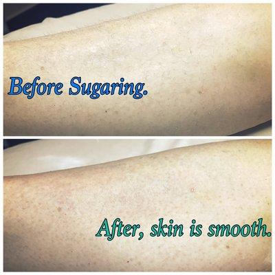 Sugar you hair away! No Hot, gentle on the skin, hair growth is rapidly reduced with in a couple of treatments!