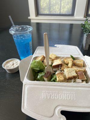 Caesar salad and ocean water drink