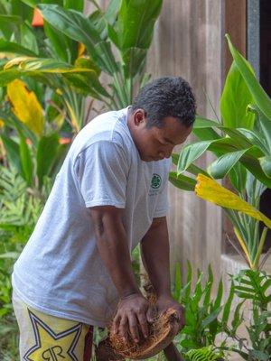 Coconut being prepared