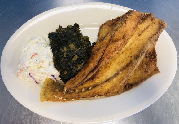 Croaker, greens and coleslaw