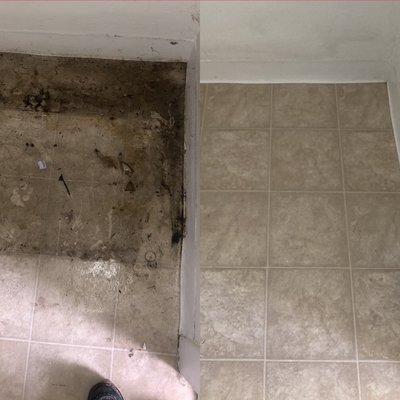 Before and after on deep clean of floors behind/underneath refrigerator