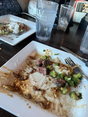 Cold 6 oz sirloin and sides. Notice empty Bloody Mary glasses.