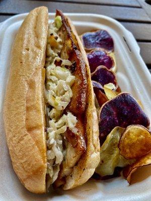 Pork belly and pineapple slaw hoagie with housemate mixed chips