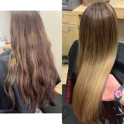 In this Med Blonde Balayage, soft warm blondes were used with a melted root in order to create a seamless grow out!