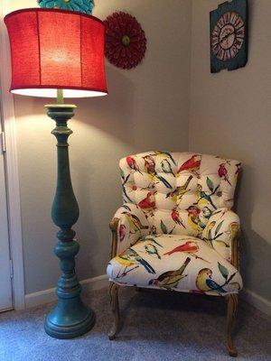 Beautifully reupholstered chair done in a linen fabric