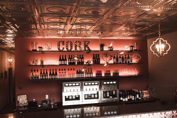 Cork49 Wine Bar designed in Spring/Summer 2017 - custom painted tin ceiling and shelving