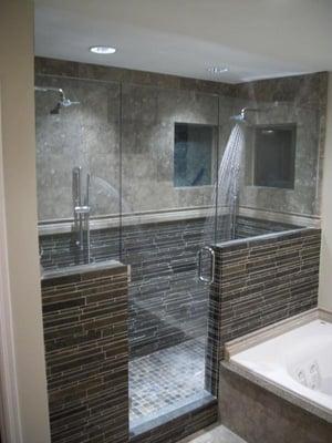 Master Shower remodel using Limestone & Slate. Designed By Master Marble, Ahwatukee Area.