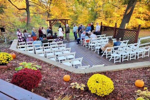 Wedding rehearsal at the 1896 Chapel and deck. Fall wedding with spectacular colors.