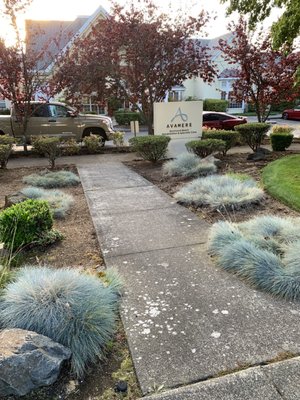 Walkway towards the front entrance by the front sign.