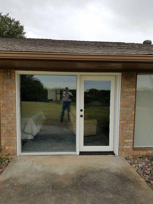 Custom-made fiberglass patio door with side lite Glass