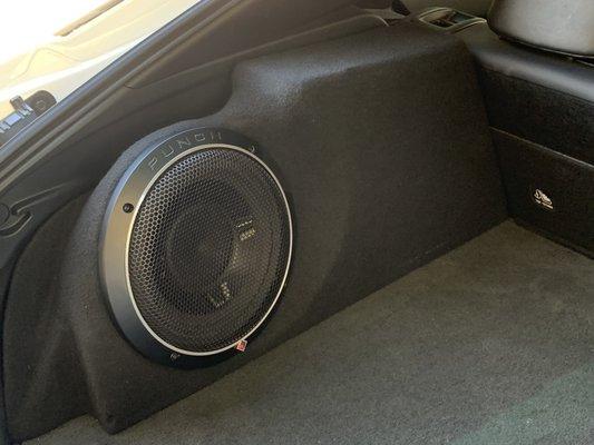 Custom made subwoofer box That's easy to remove in case have to do maintenance on the car battery very clean installment