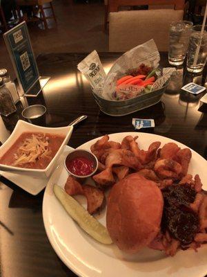 BBQ burger meal with tortilla soup and Buffalo wings.