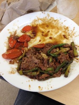 My first trip to the buffet didn't go too well. Uncooked carrots from my green bean dish and the inedible beef mush with wooden asparagus.