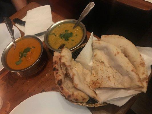 Chicken Tikka Masala, Garlic Nan Bread and yellow dal.