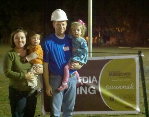 Brian and family at the Extreme Home Makeover set