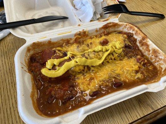 Chili cheese hot dog (no bun!)